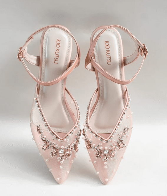 Pink Peach Beaded Party Shoe Glass Heels with Pearl Embellishments, $110.32