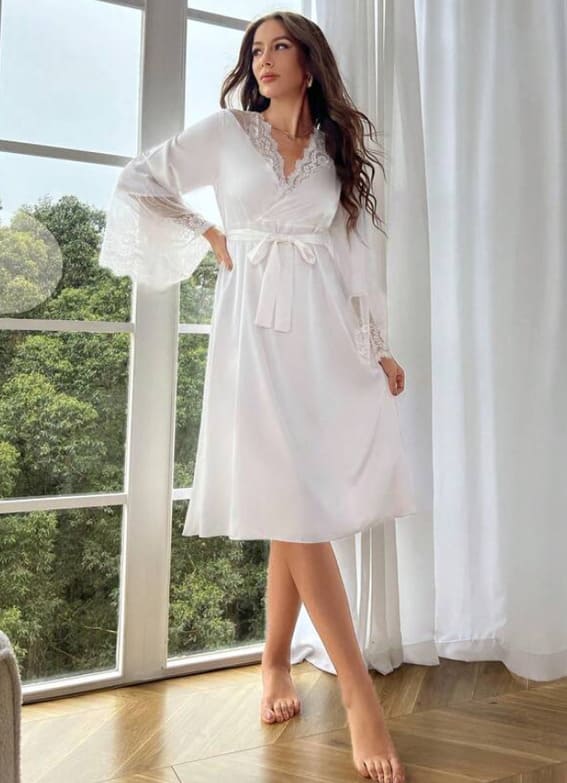 Lace Flounce Sleeve Belted Satin Robe