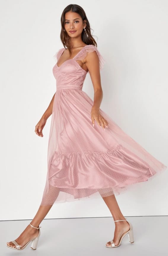 Pretty Promise Mauve Pink Swiss Dot Tulle Ruffled Midi Dress