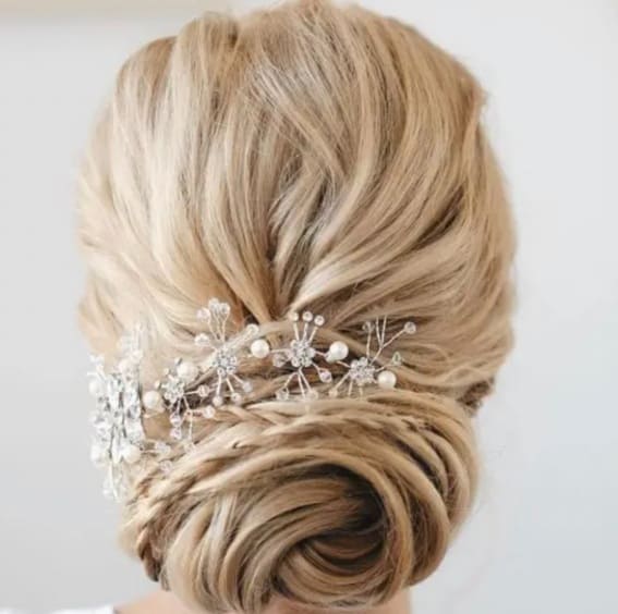 Swirled Wedding Updo with Pearl Embellishment