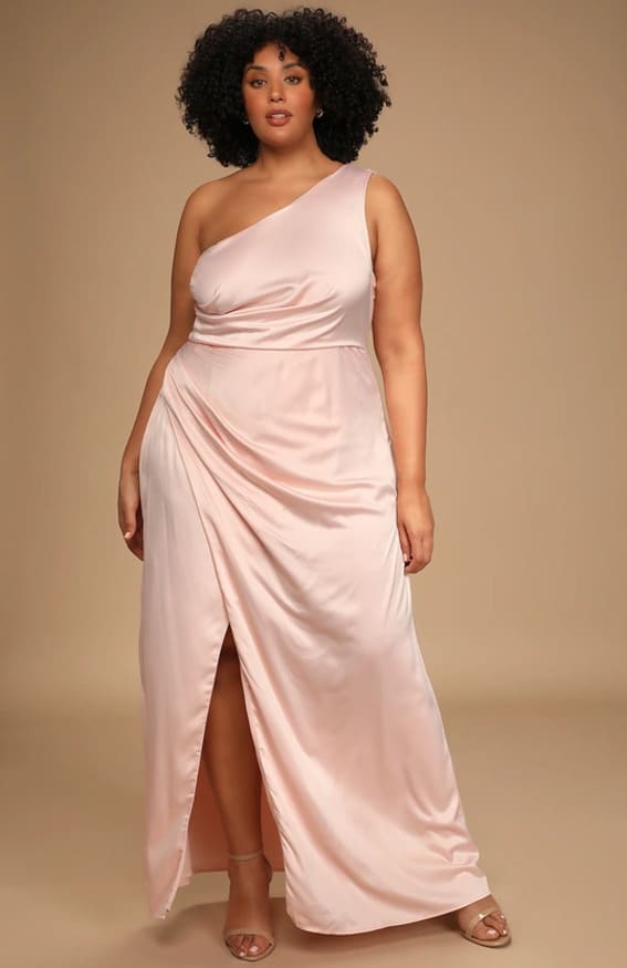 Dreaming of Elegance Blush Pink Satin One-Shoulder Maxi Dress