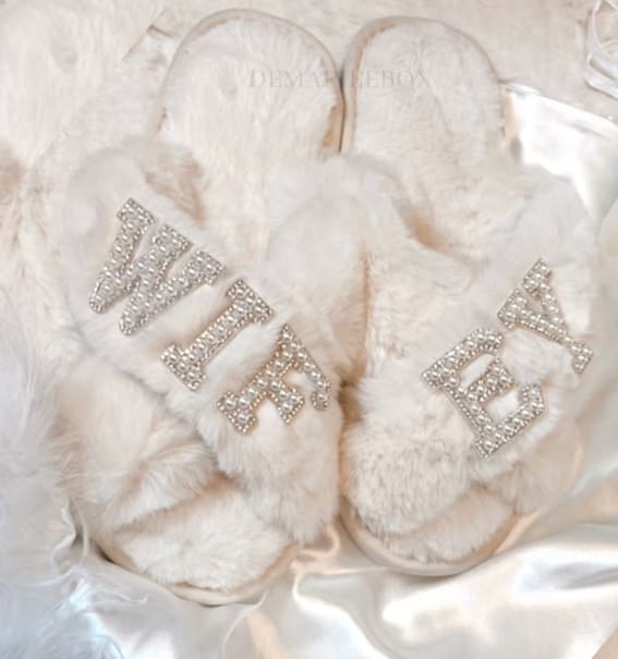 Kenia White Designs Wifey Pearls Fluffy Slippers in White