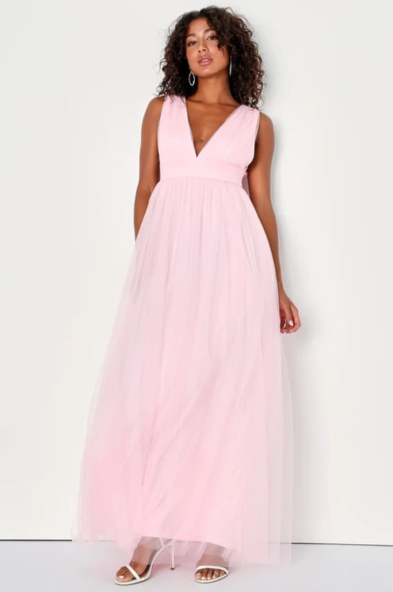 Blushing with Brilliance Light Pink Tulle Sleeveless Maxi Dress