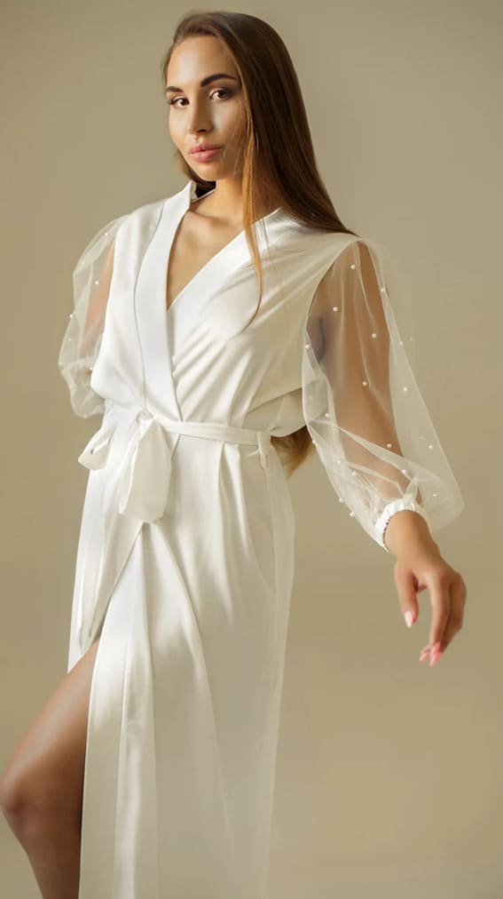 Bridal Robe Long With White Pearls