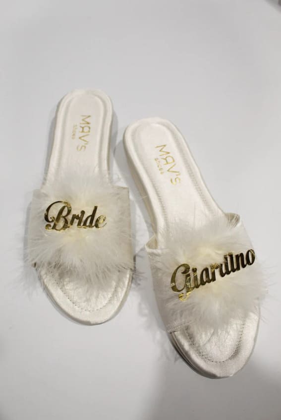Personalized White Feather Satin Slippers for the Bride
