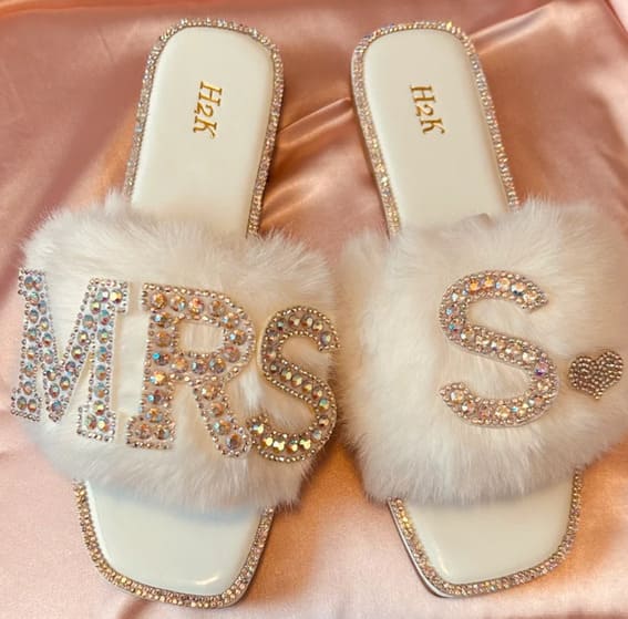 White Bling Personalized Faux Fur, I Do, Bride Slippers