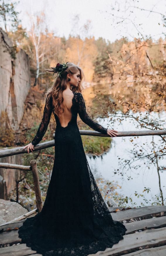 Floral Lace Black Wedding Dress with Deep V-Back