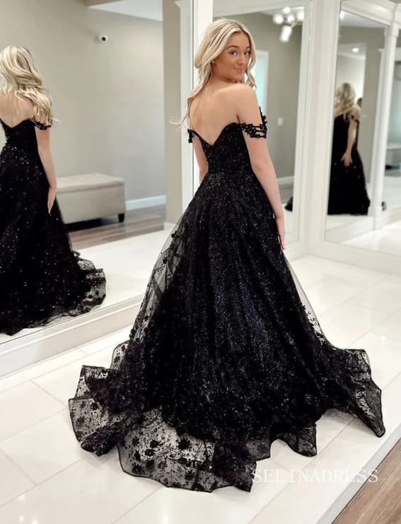 Long Sparkly Floral Tulle Gown in Full Black