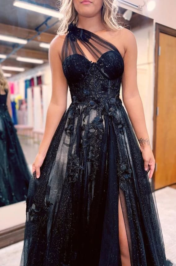 Black Sparkly Dress with 3D Flowers