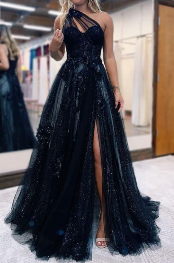 Black Sparkly Dress with 3D Flowers