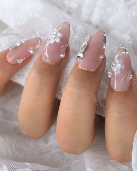 Pink Blossom Crystal Pearl Nails