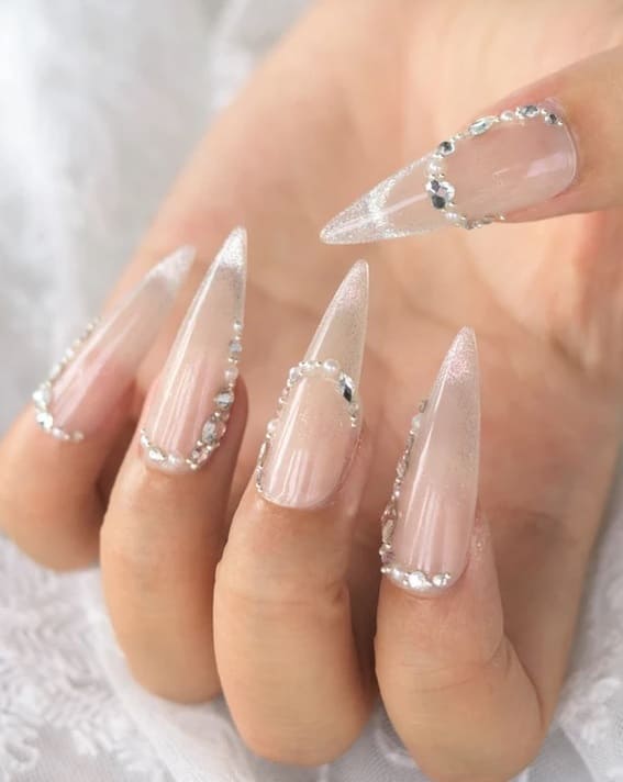 Stiletto Bling Pearl and Crystals Wedding Nails