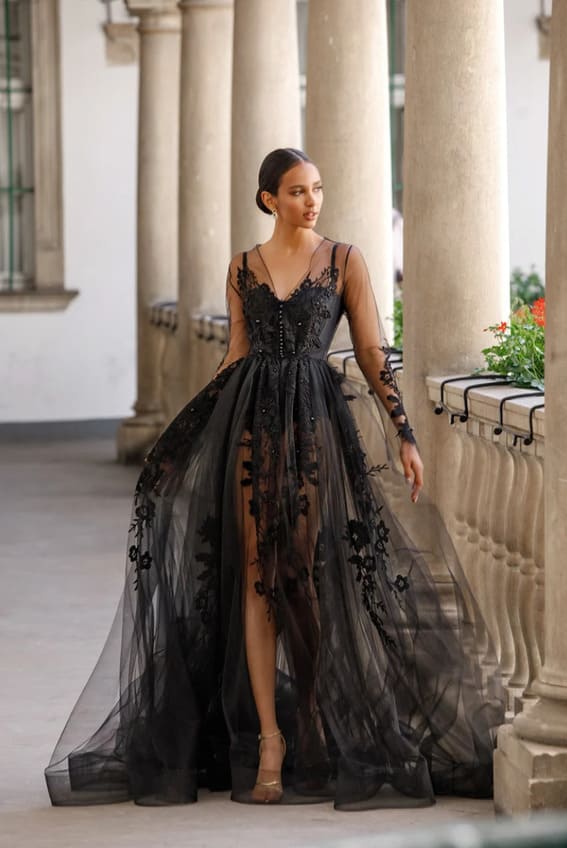 Black Gothic Corset Wedding 3D Lace Floral Tulle Dress