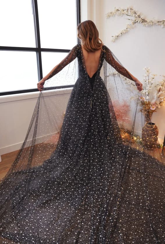 Midnight - Black A-Line Skirt Bridal Gown With Gold and Silver Celestial Cape