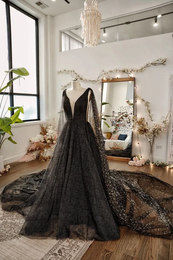 Midnight - Black A-Line Skirt Bridal Gown With Gold and Silver Celestial Cape