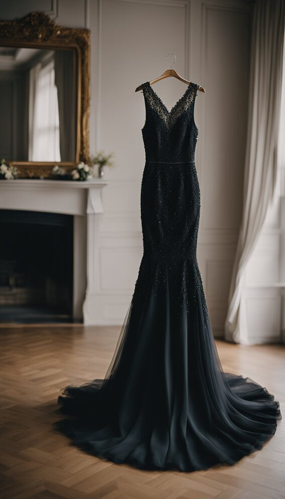 black wedding dress in ballroom
