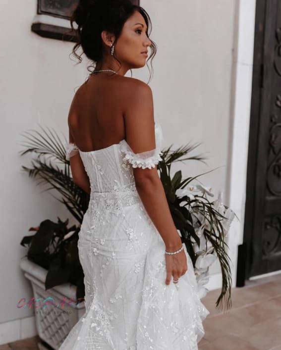 pretty over the shoulder chic white corset wedding dress