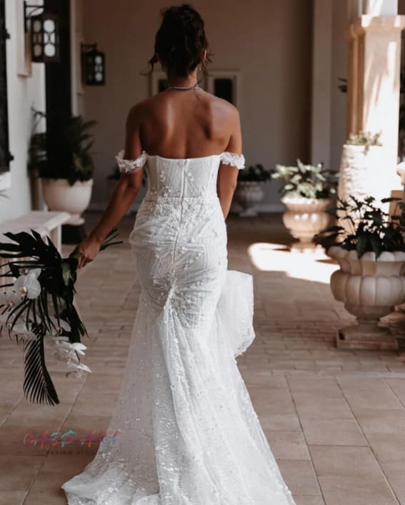 pretty over the shoulder chic white corset wedding dress with mermaid dress