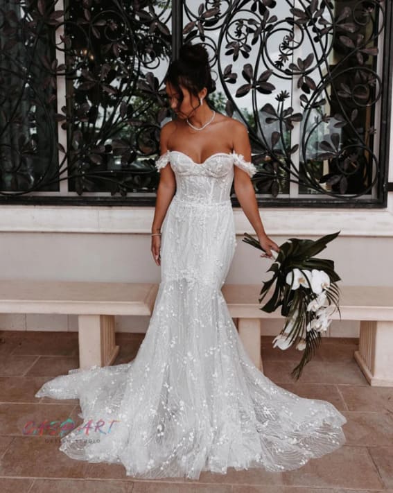 pretty over the shoulder chic white corset wedding dress with mermaid dress