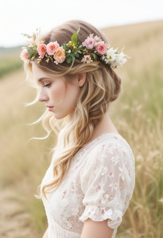 flower crown for romantic wedding hair idea